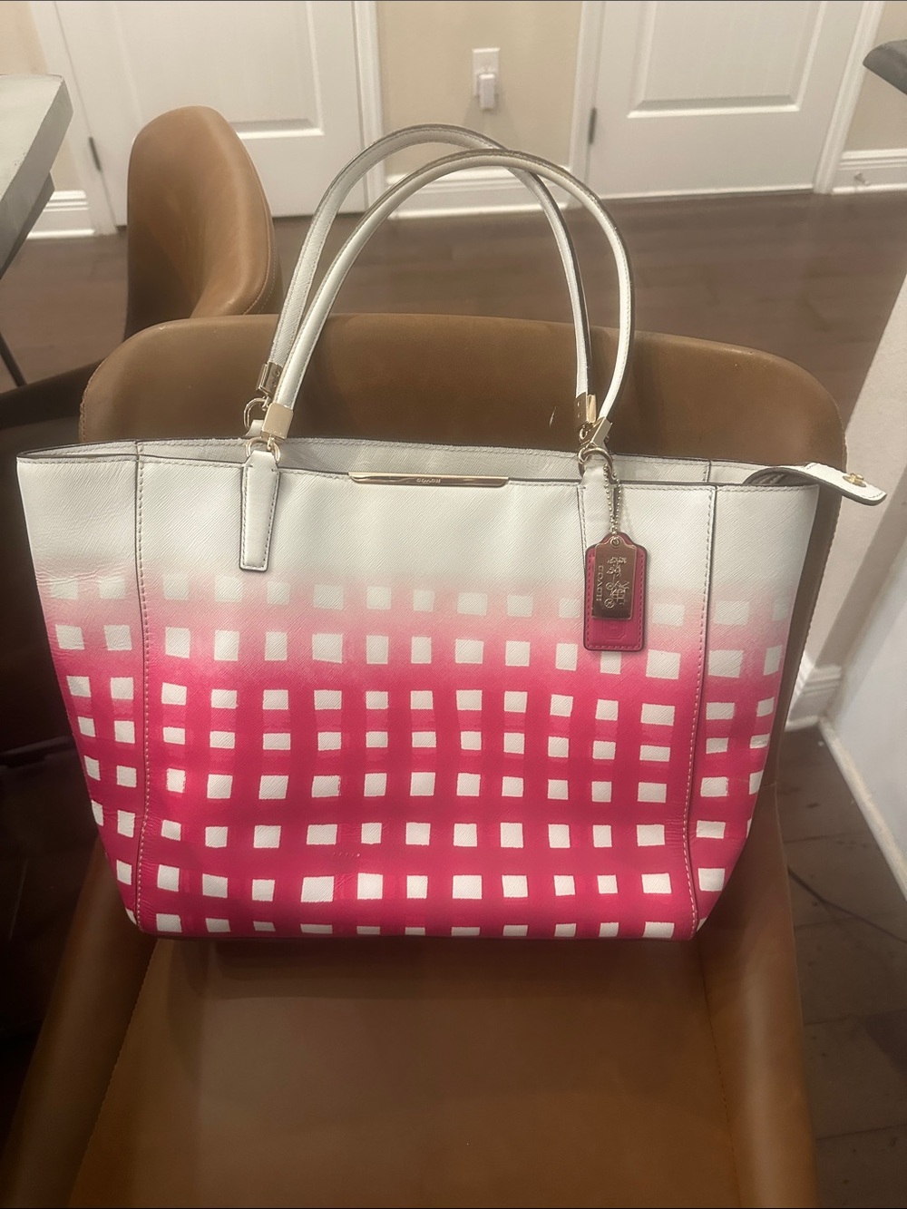 Coach Pink Ombre Checkered Tote with Gold Accent